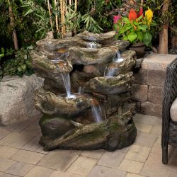 Alpine Corporation 32" Tall Outdoor Multi-Tier Rainforest Rock Waterfall Fountain with LED Lights