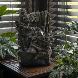 Alpine Corporation 14" Tall Indoor Tiered Log Tabletop Fountain with LED Lights