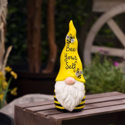 Alpine Corporation 12"H "Bee Yourself" Indoor/Outdoor Garden Gnome Statue, Yellow/Black