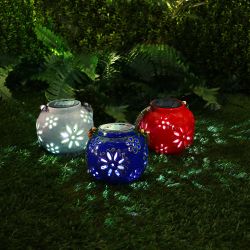 Alpine Corporation 5” Assorted Ceramic Hanging Solar Lantern in Red, Blue, and White