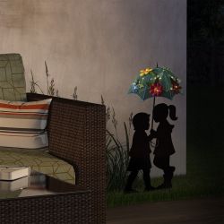 Alpine Corporation 39" Tall Outdoor Solar Powered LED Lights Girl and Boy Silhouette with Umbrella Yard Statue