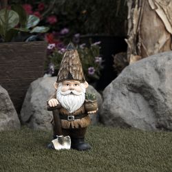 Alpine Corporation 16"H Indoor/Outdoor Garden Gnome with Shovel and Plant Statue, Brown