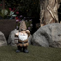Alpine Corporation 16"H Indoor/Outdoor Garden Gnome with Lantern Statue, Brown