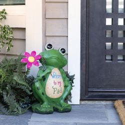 Alpine Corporation 18" Tall Outdoor Frog with Color Changing LED Lights and Welcome Sign Yard Statue