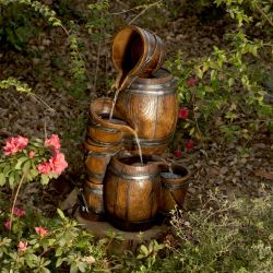 Alpine Corporation 24"H Indoor/Outdoor Tiered Barrels and Buckets Fountain, Brown