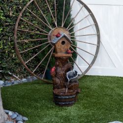 Alpine Corporation 32" Tall Outdoor Cascading Barrel Water Fountain and Cardinal Birdhouse Yard Decoration